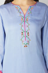 Tranquil Sky Modal Satin A-line Kurta with Colorful Appliqué